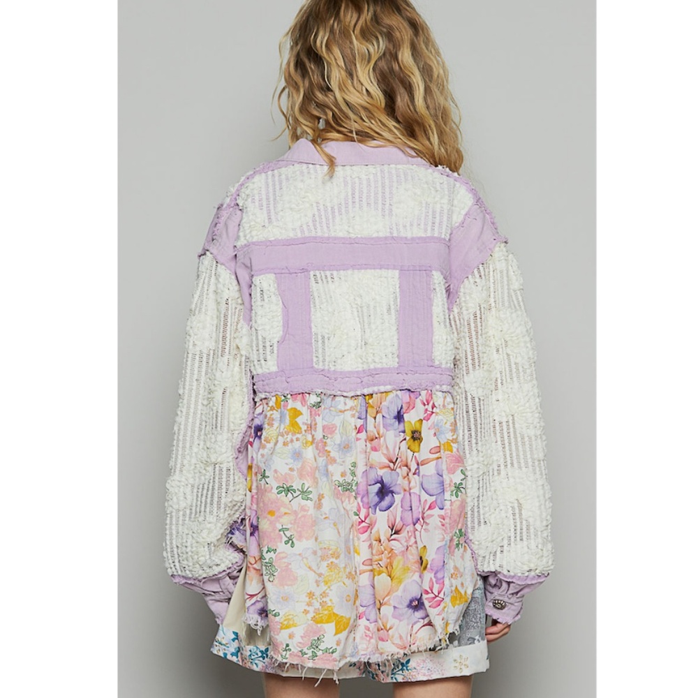 134. NWOT POL Lilac Floral Patchwork Jacket with Cream Mesh and Lace Sleeves - Picture 3 of 3
